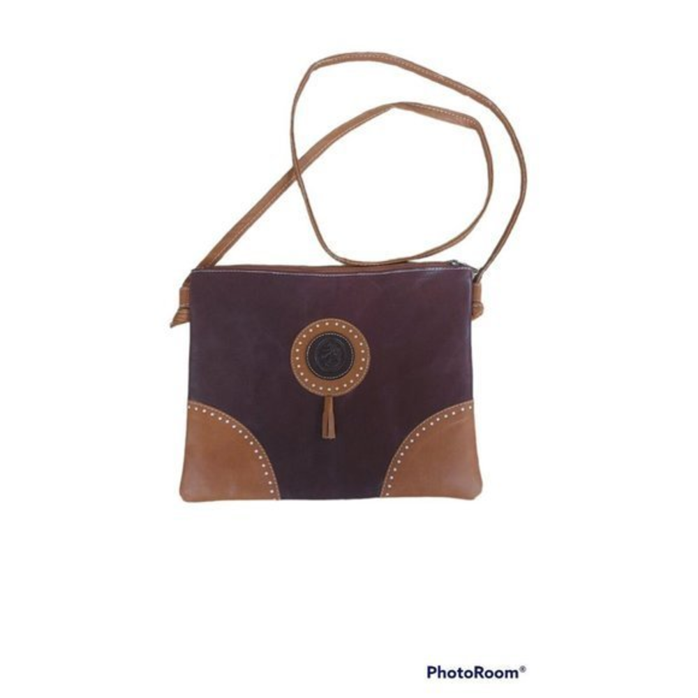 Rosme Burgundy and Brown Leather Purse Crossbody Made in Spain - 11 in x 9 in